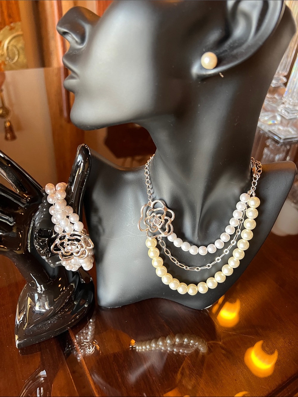Faux Pearl Multi-Strand Necklace, Earrings and Bracelet Set with Floral Accent